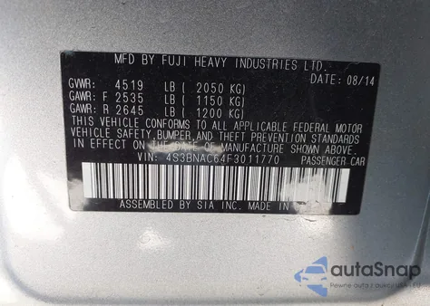 2015 Subaru Legacy 2.5I Premium from USA, damaged, VIN 4S3BNAC64F3011770